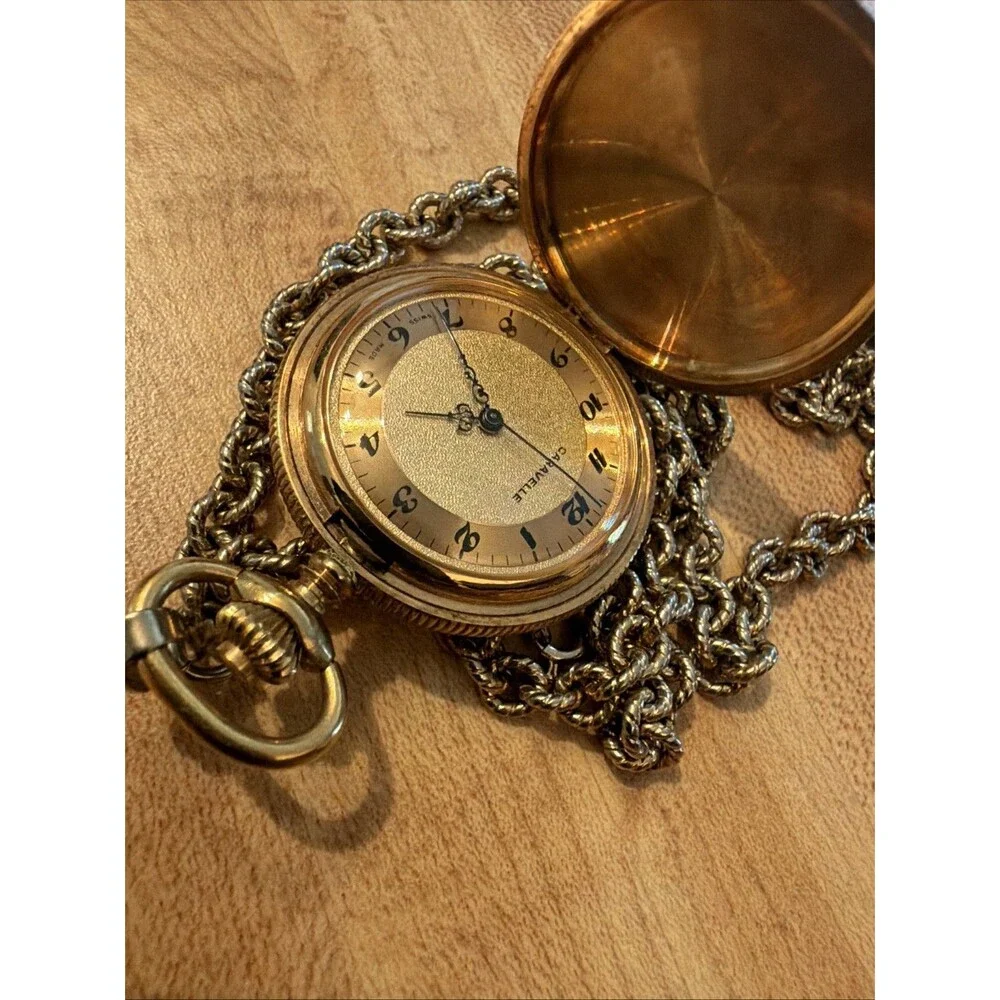 Bullova Caravelle MINI Full Hunter Manual Pocket Watch Chain Vintage Gold Tone